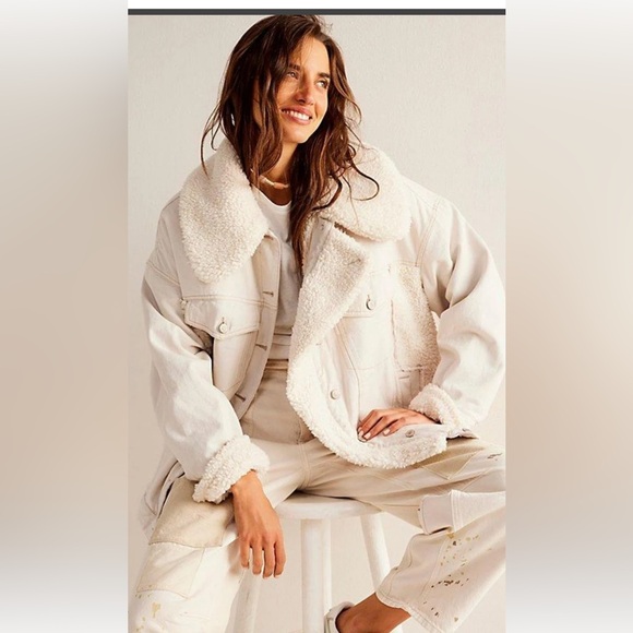 We The Free Jackets & Blazers - Free People Holly Cozy Denim Jacket We The Free Faux Fur Collar Trim Ivory